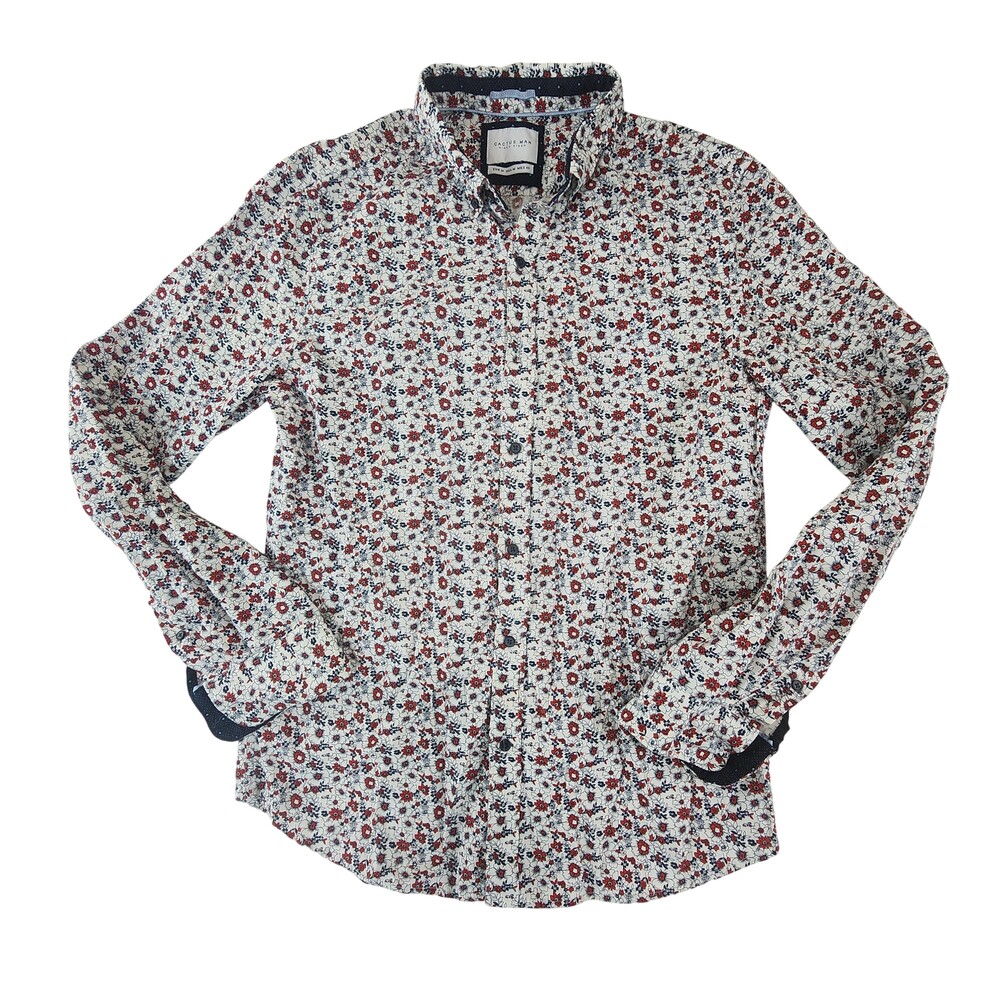 Cactus Man Shirt Mens Medium White Floral Button Down Long Sleeve Cotton